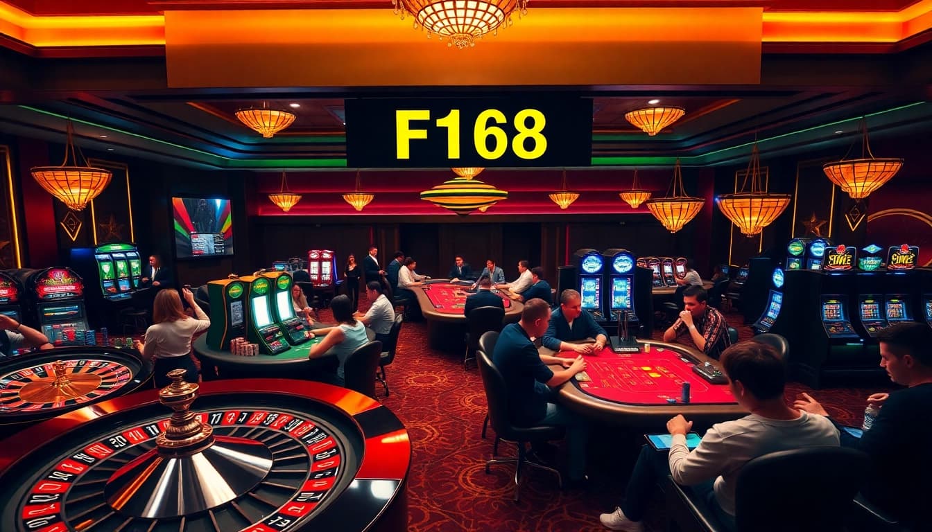 F168 players enjoying a thrilling casino experience with vibrant roulette and poker games.