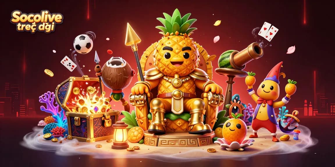 Engage in Socolive trực tiếp with vibrant 3D casino illustration featuring a golden pineapple king and lively characters amidst dynamic gaming elements.