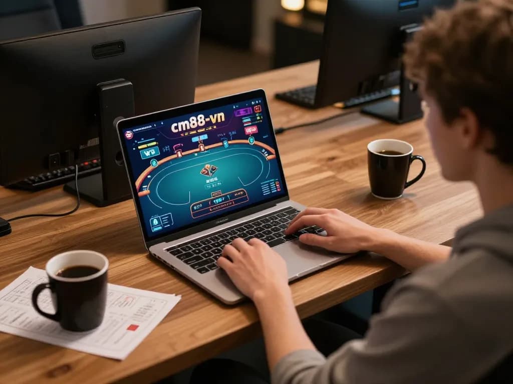 Person engaged in online poker gameplay at cm88-vn with laptop and strategy notes visible