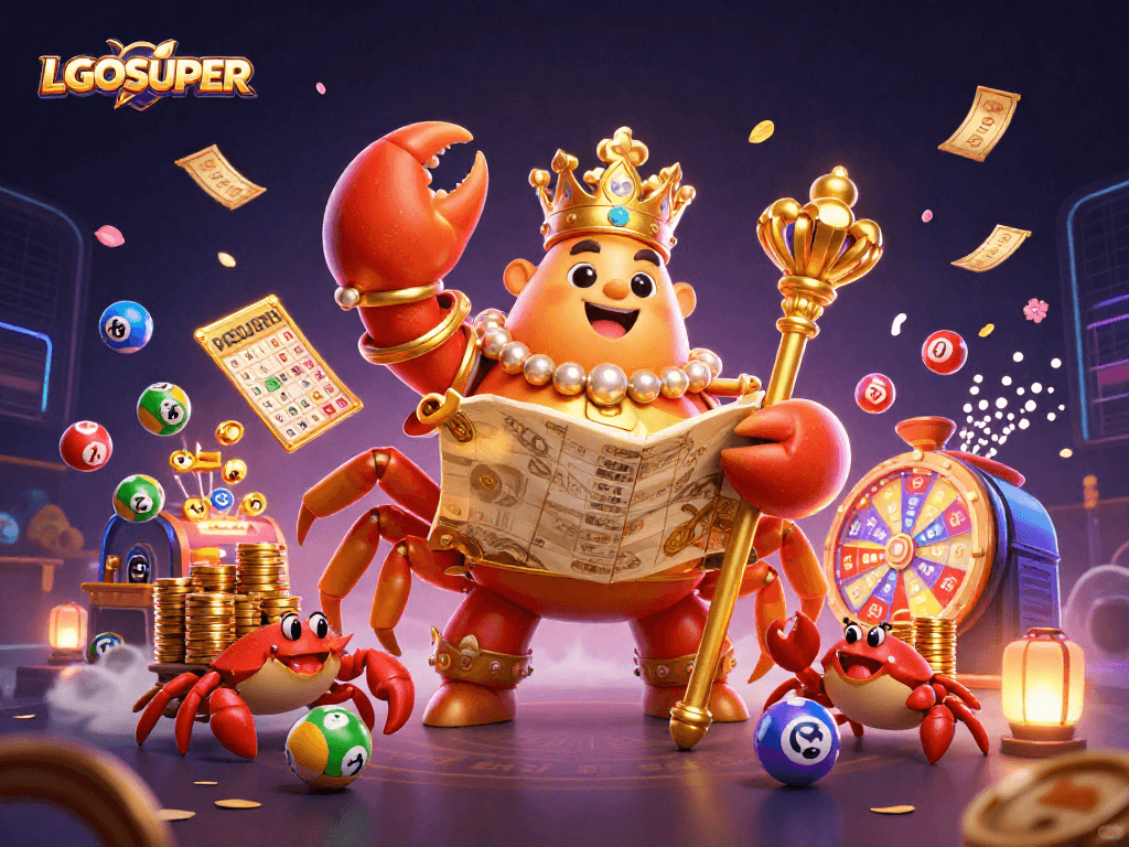 Experience thrilling gaming with LGOSUPER's vibrant lottery scene featuring a playful golden crab and dynamic elements.