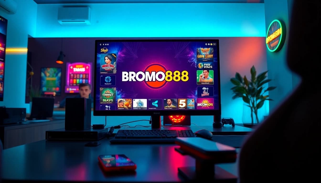 BROMO888 online gaming interface showcasing engaging slot games and modern tech elements.
