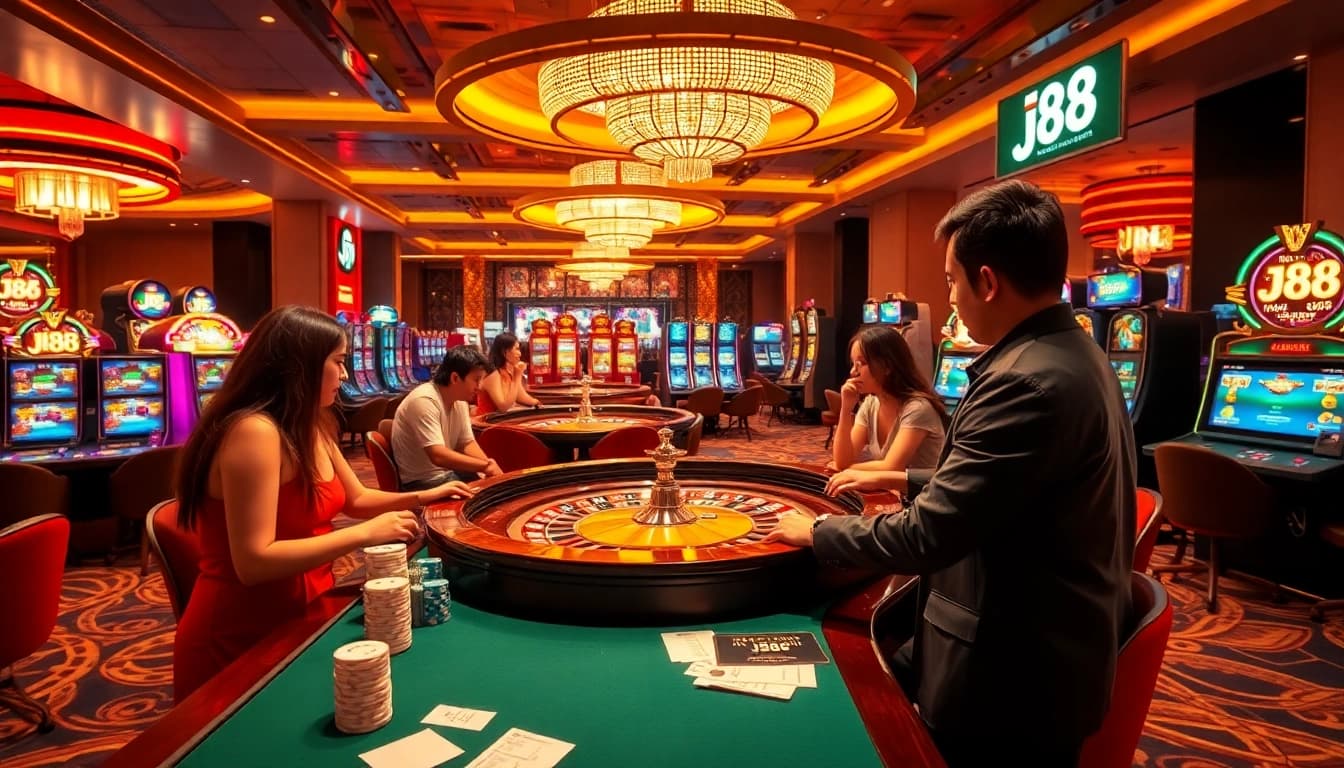 Players enjoying a vibrant J88 casino experience with roulette and slot machines in a luxurious setting.