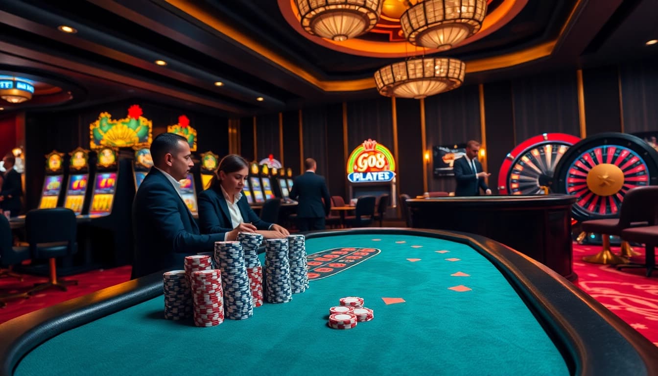 Exciting casino night at go8 with players at a luxurious poker table, vibrant slot machines in background.