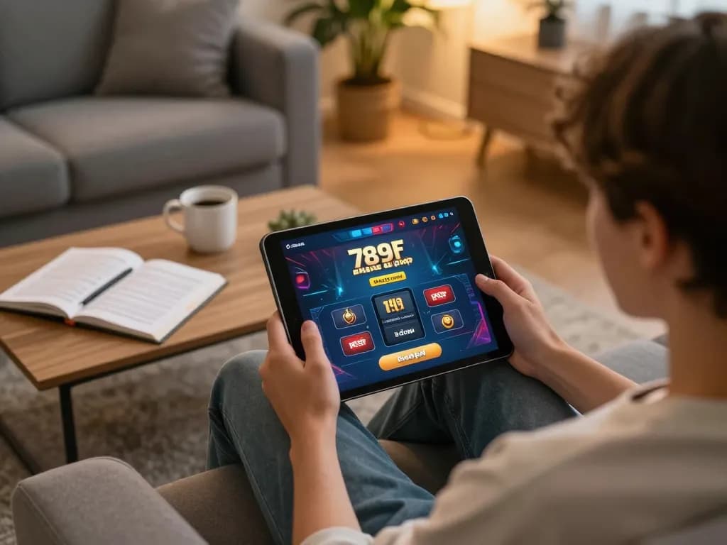 Engaging in online gaming with 789f đăng nhập on tablet in a cozy living room setting.