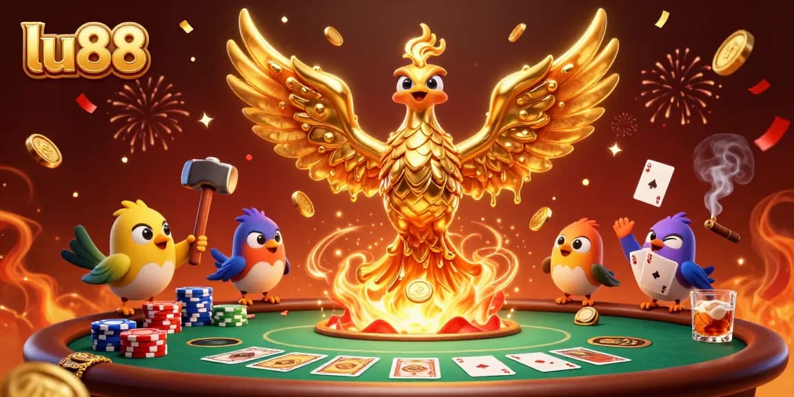 Experience exciting poker action with lu88, featuring a golden phoenix and vibrant game elements.