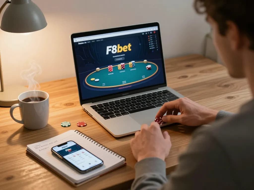 Player strategizing in a cozy home environment while engaged in an online poker game at F8bet.