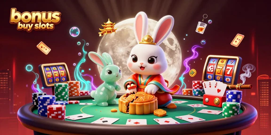Engage with bonus buy slots in a vibrant lunar casino scene featuring lucky symbols and poker chips.