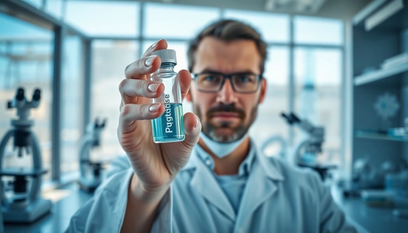 Scientist examining a vial of peptides in a modern lab, showcasing innovation and precision.