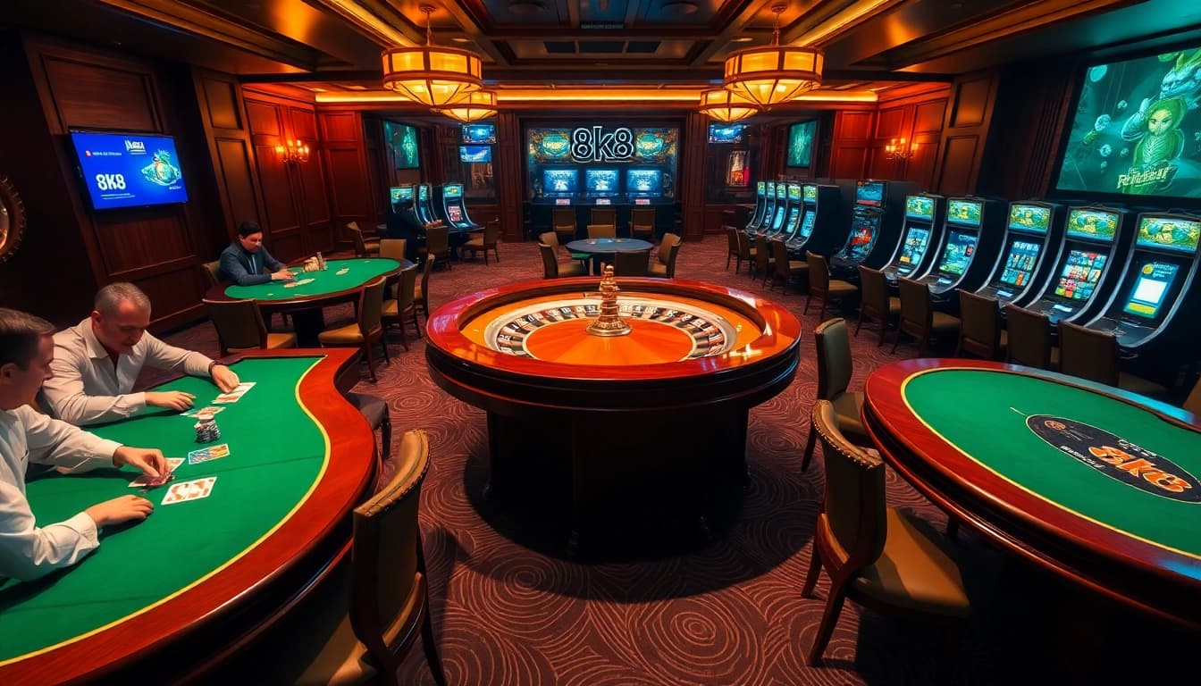 Experience exhilarating gaming at 8k8 with vibrant poker tables and thrilling slot machines.