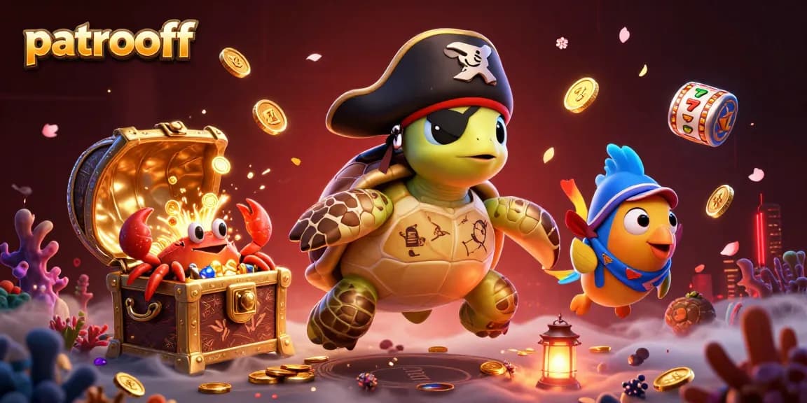 Experience thrilling gameplay with patroloff as the pirate turtle explores vibrant slot machine treasures.