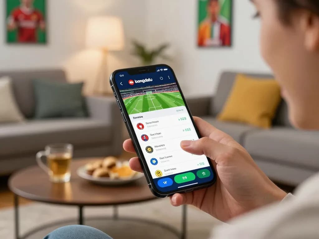 bongdalu ngoại hạng anh mobile betting interface displayed on a smartphone with an excited user placing a wager.