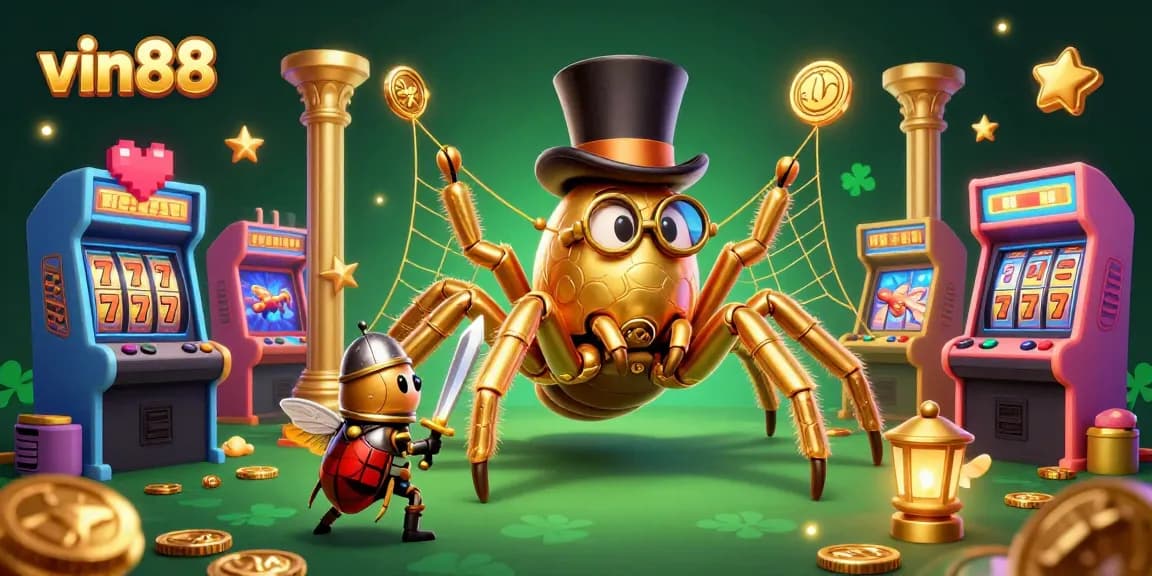 Play exciting games at vin88 with a vibrant scene of a giant golden tarantula and a beetle knight.