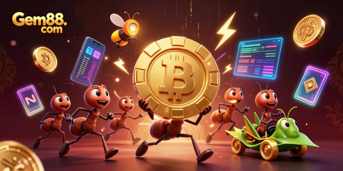 Engage with stunning gaming action at Gem88. com featuring vibrant 3D ants and crypto elements.