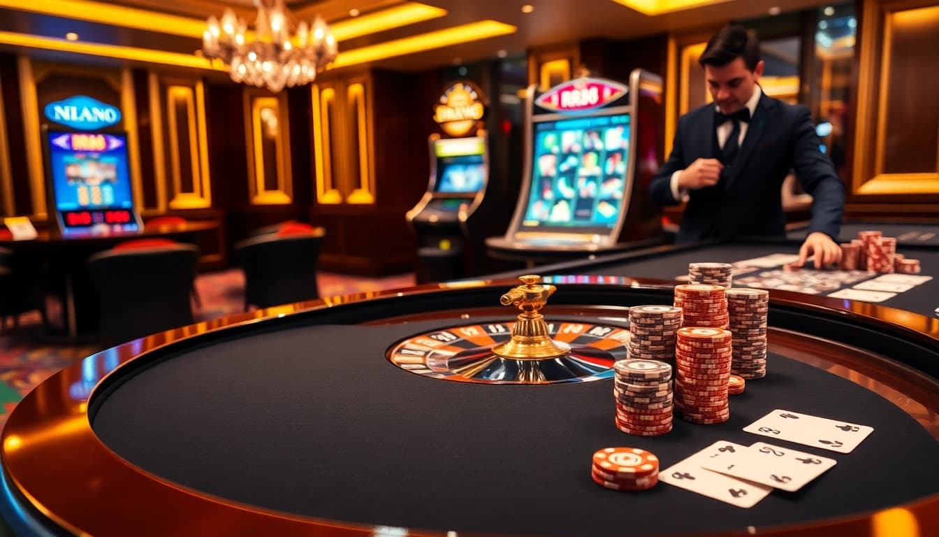 Experience the thrilling atmosphere of RR88 casino with roulette and poker action.