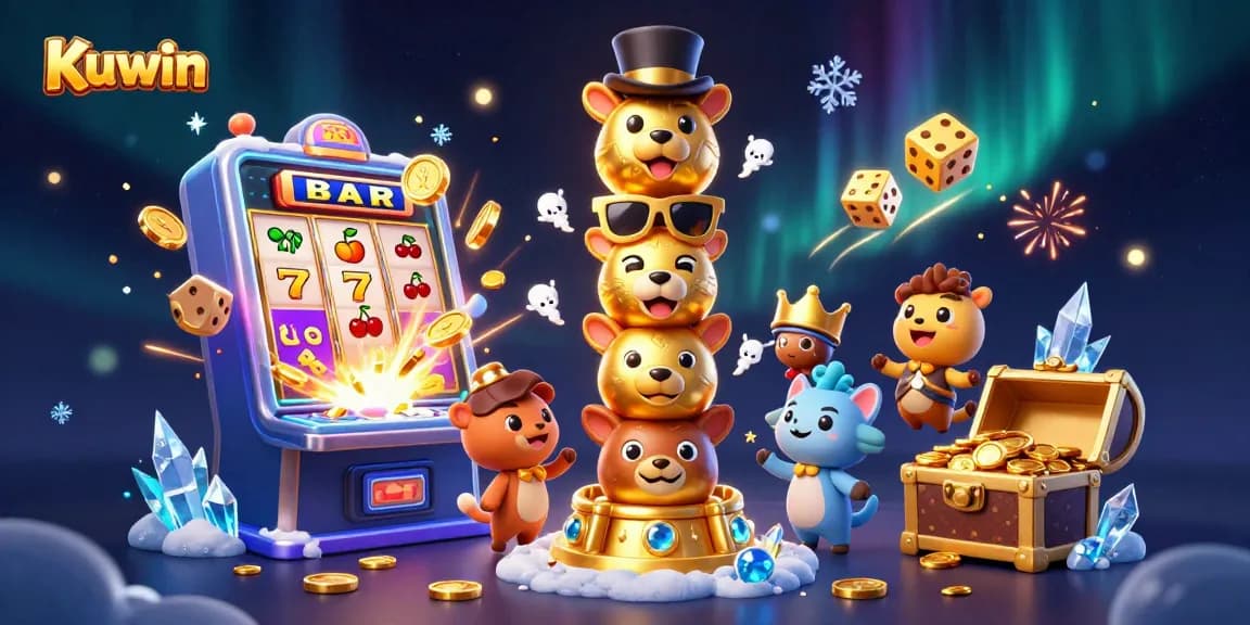Kuwin engages players with dynamic casino excitement, showcasing a lively 3D illustration of a golden totem with various game elements.