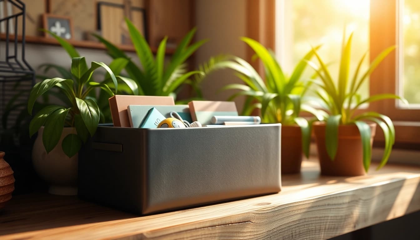 Organized storage box neatly displaying items, enhancing home decor and organization.