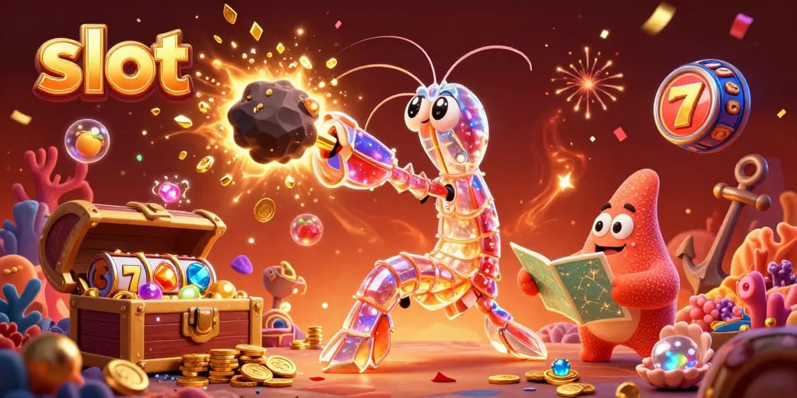 Spin the slot reels with the glowing mantis shrimp and starfish in a vibrant casino-themed illustration.