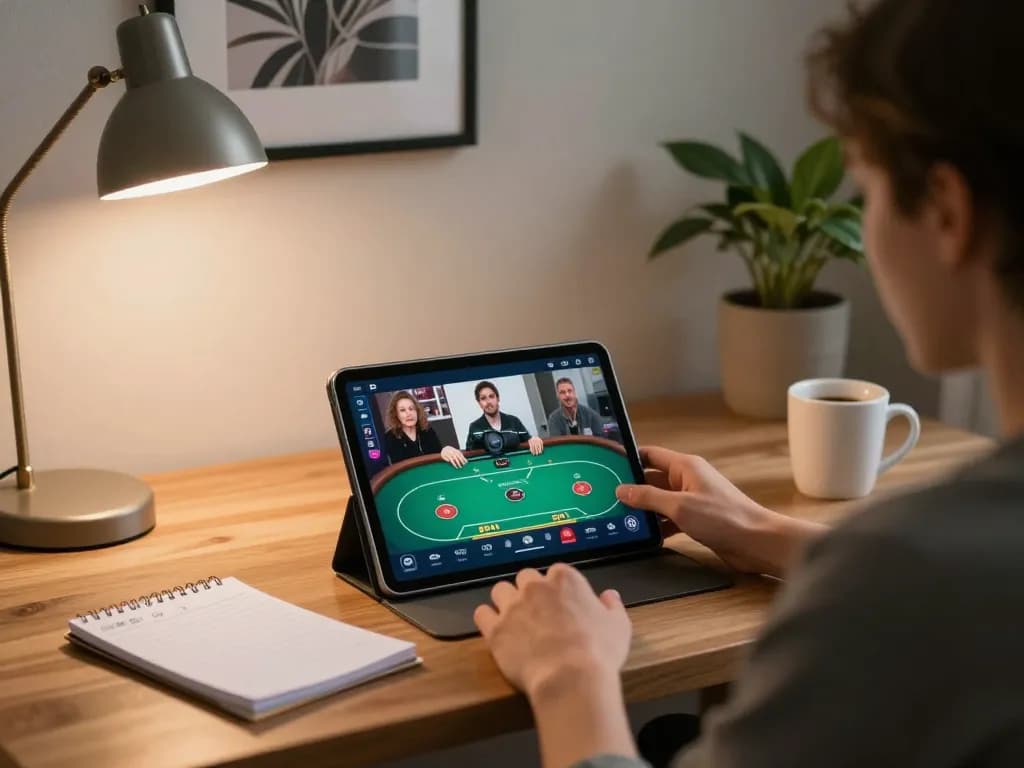 Player enjoying online poker on a tablet at home, showcasing LC88's strategic gaming options.