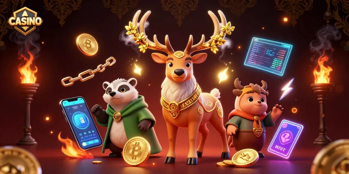 Engage in casino excitement with a mystical druid stag and vibrant crypto elements.