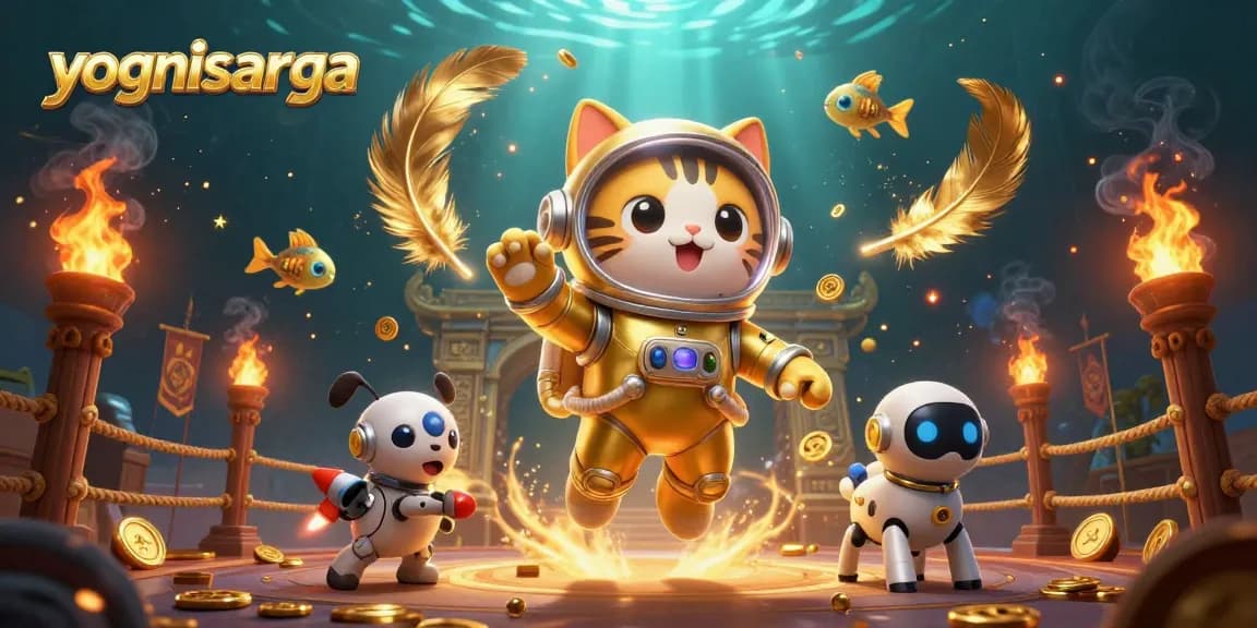 Experience yognisarga with a vibrant scene featuring a floating astronaut cat amidst golden casino elements.