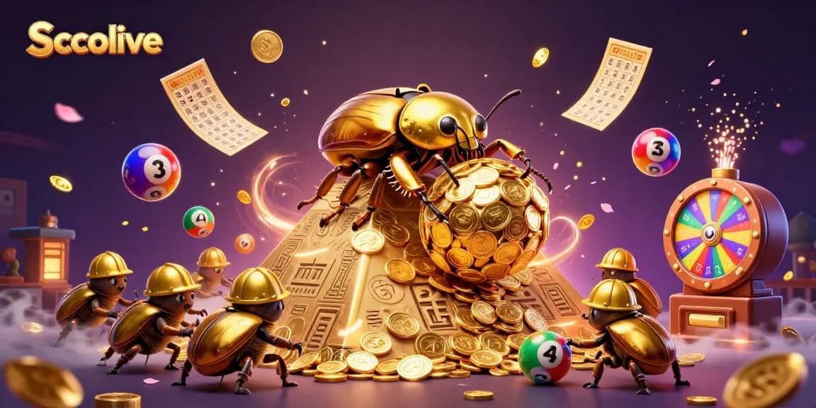 Socolive presents a vibrant 3D illustration of golden beetles rolling coin balls, capturing the excitement of online gambling.