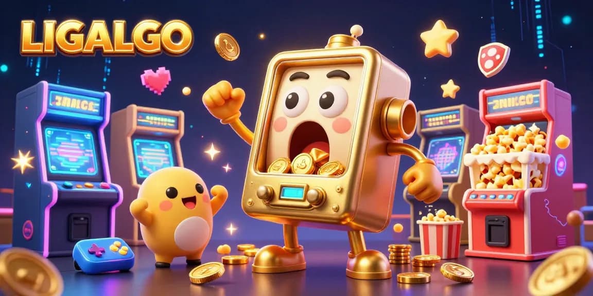 LIGALGO slot machine wins jackpot amidst cheering machines, surrounded by dynamic arcade elements.