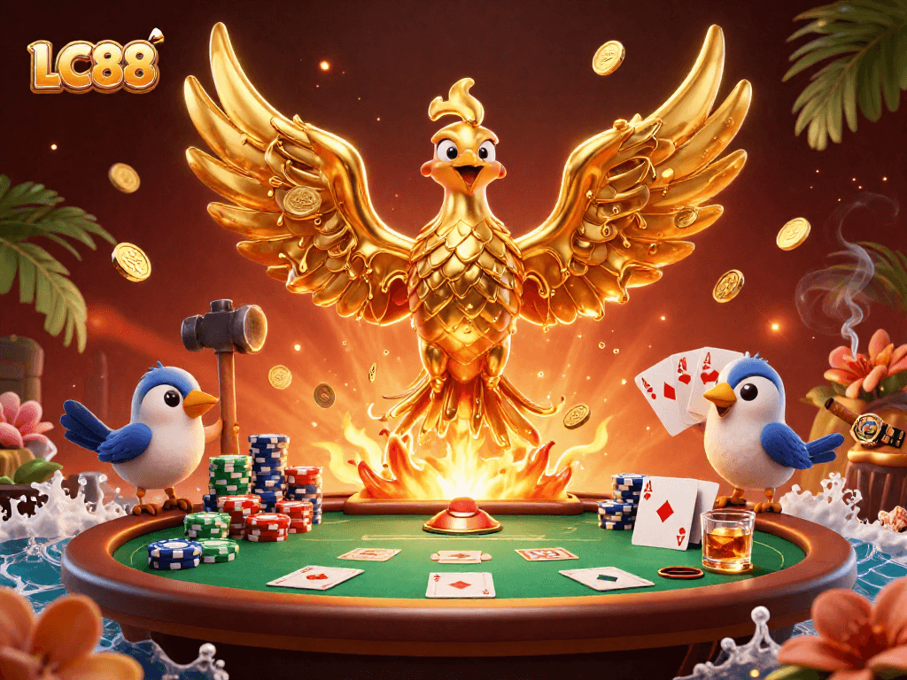 LC88 showcases golden phoenix and poker elements, celebrating online casino excitement.