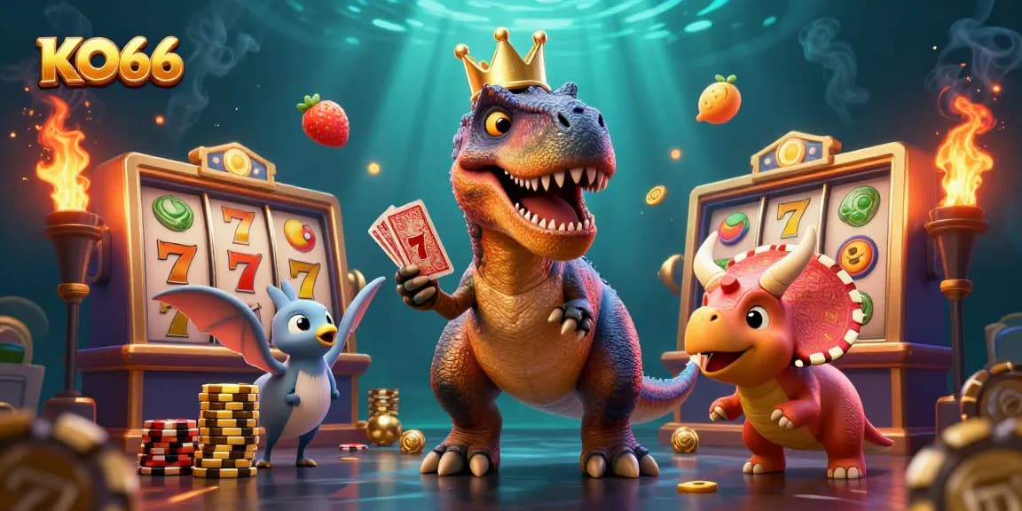 Get ready to win at KO66 with a T-Rex dealer shuffling cards and a triceratops stacking chips in this engaging casino scene.