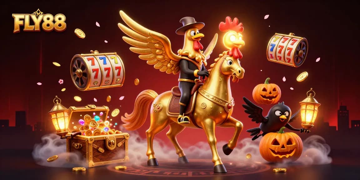 Engage in thrilling gaming adventures with FLY88's vibrant casino scene featuring a golden rooster and exciting slot machines.