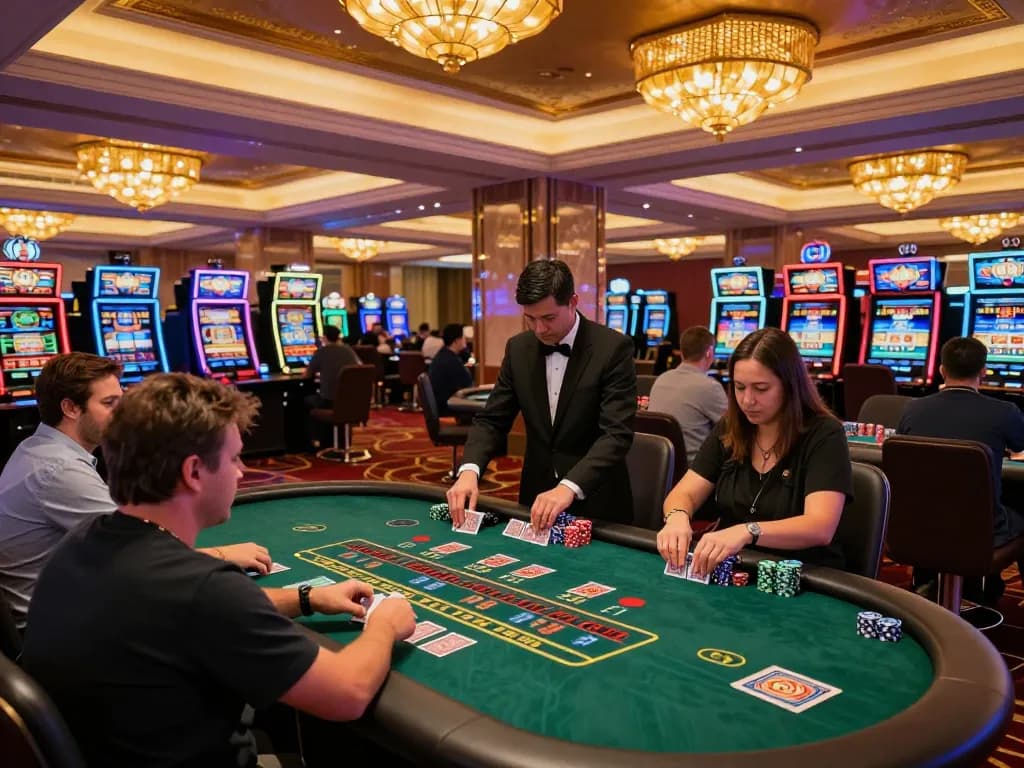 Players strategizing at blackjack tables in FLY88 casino environment