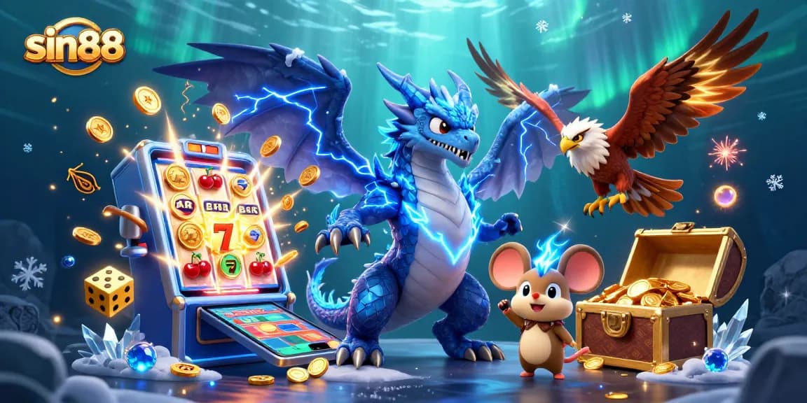 Exciting sin88 scene featuring a thunder dragon, hawk, and static mouse amidst casino games.