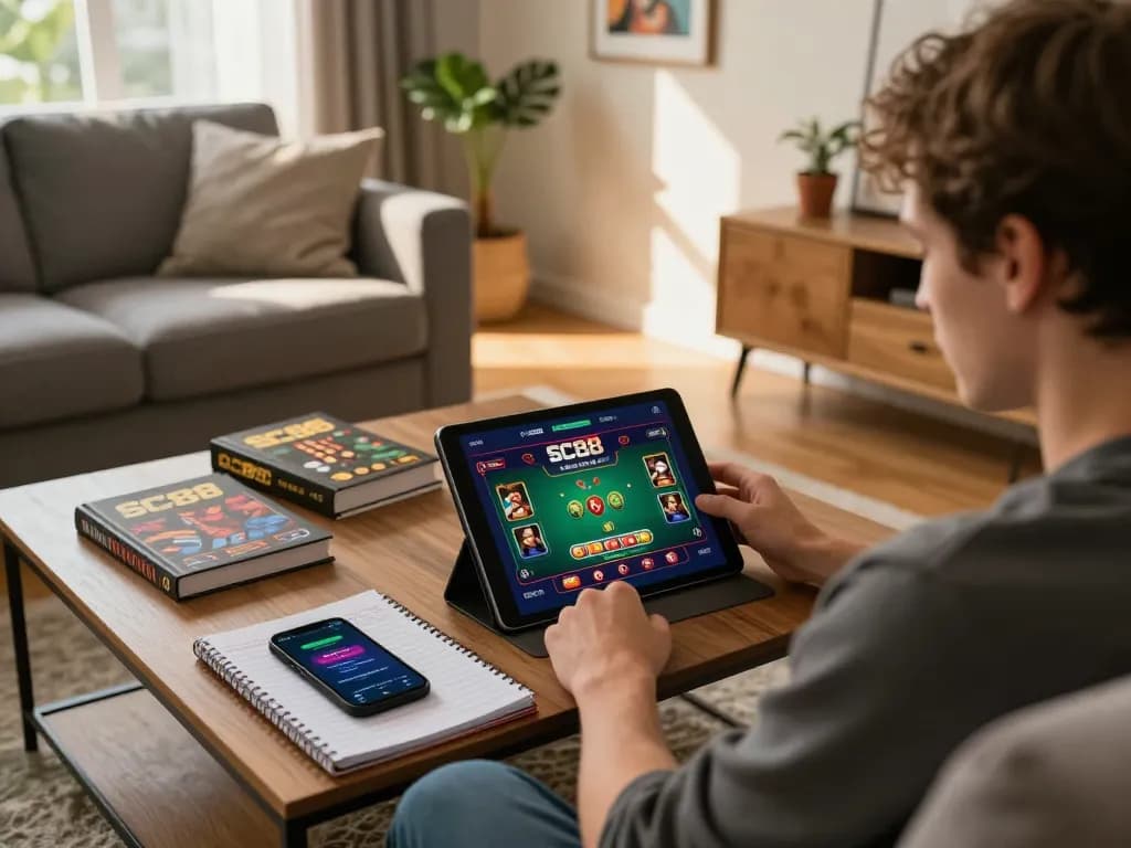 SC88 player engaged in strategic online poker gameplay with tablet at home