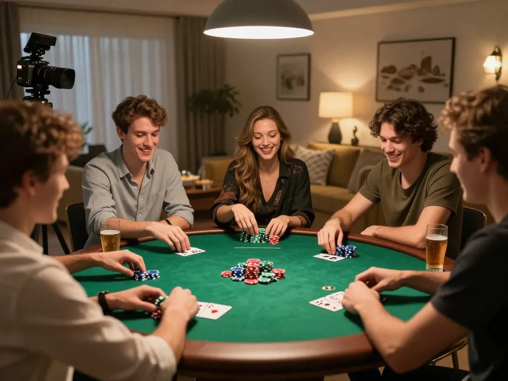 79king poker players share excitement at a home game night around a green felt table.