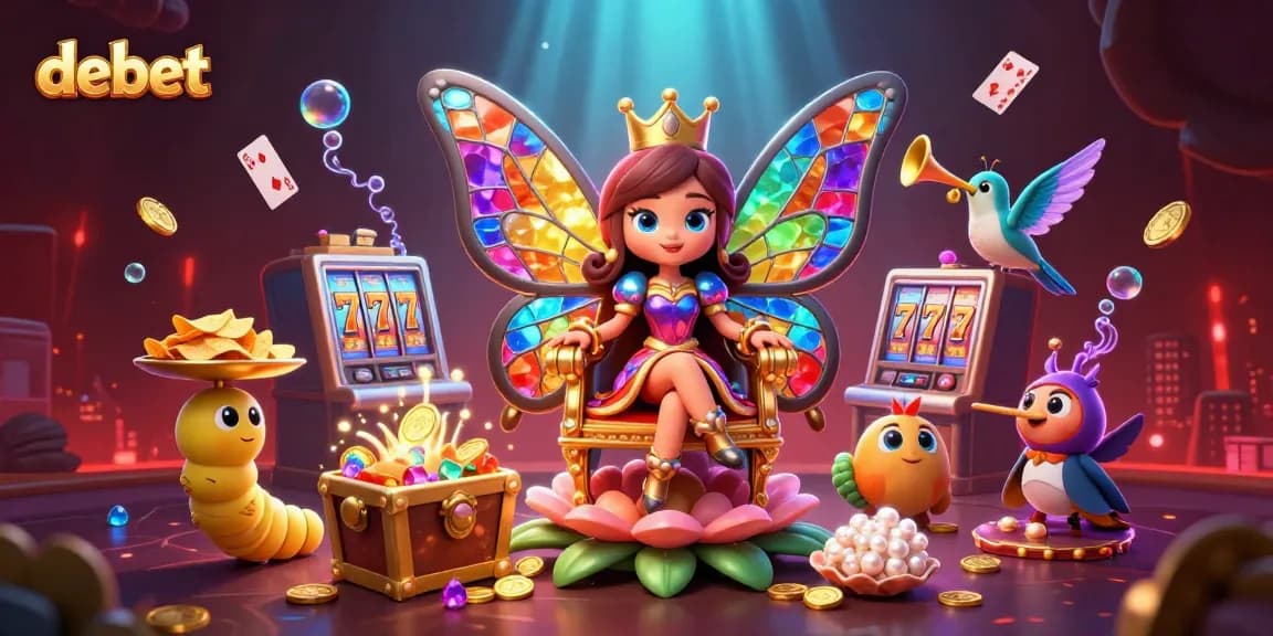 Engage with debet's vibrant casino world featuring a butterfly queen and dynamic slot elements.