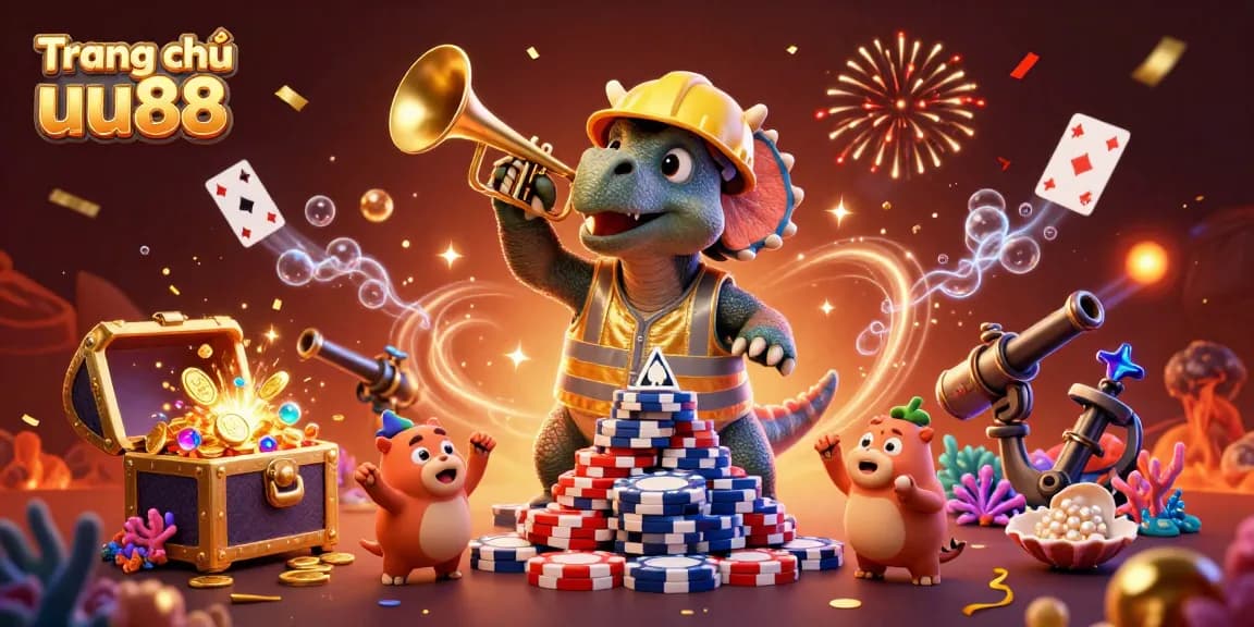 Engage with Trang chủ uu88 image featuring triceratops building poker chip pyramid amidst confetti celebration.