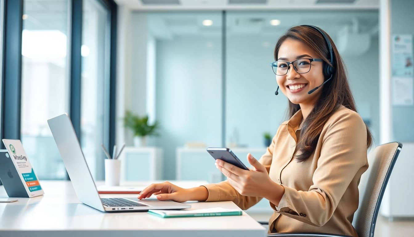 Funding a PP9WIN account through friendly WhatsApp customer service in a modern office.