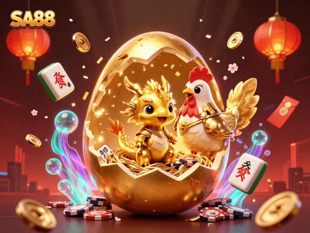 Engage with SA88's thrilling world as golden dragon and poker chips gleam in vibrant casino scene.
