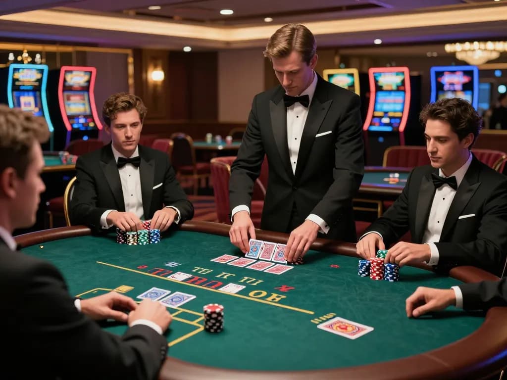 Players at an MB66 blackjack table making strategic decisions in an upscale casino.