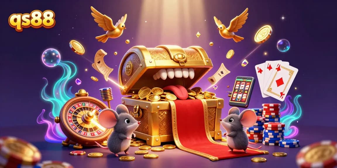 qs88 invites players into a vibrant 3D casino scene filled with treasures and games.
