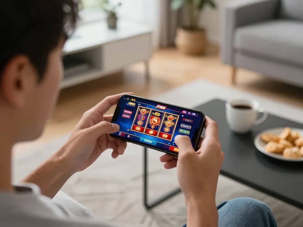 Tải J188 through an engaging mobile app experience with exciting casino graphics displayed on the smartphone
