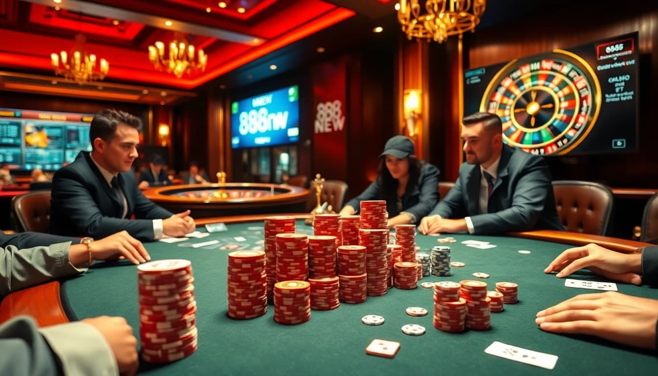 Engaged players enjoying a high-stakes game at nhà cái 888NEW casino, surrounded by chips and cards.
