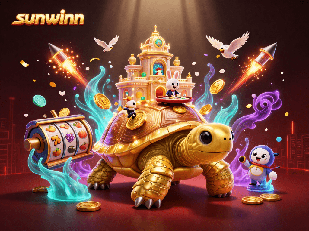 Sunwinn players hitting jackpot with golden tortoise and vibrant slots in a casino scene.