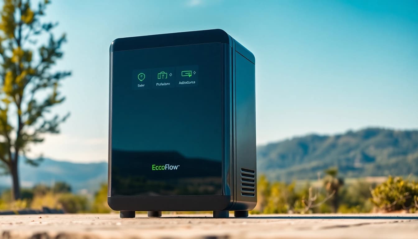 EcoFlow power station efficiently powering devices in a tranquil outdoor setting.