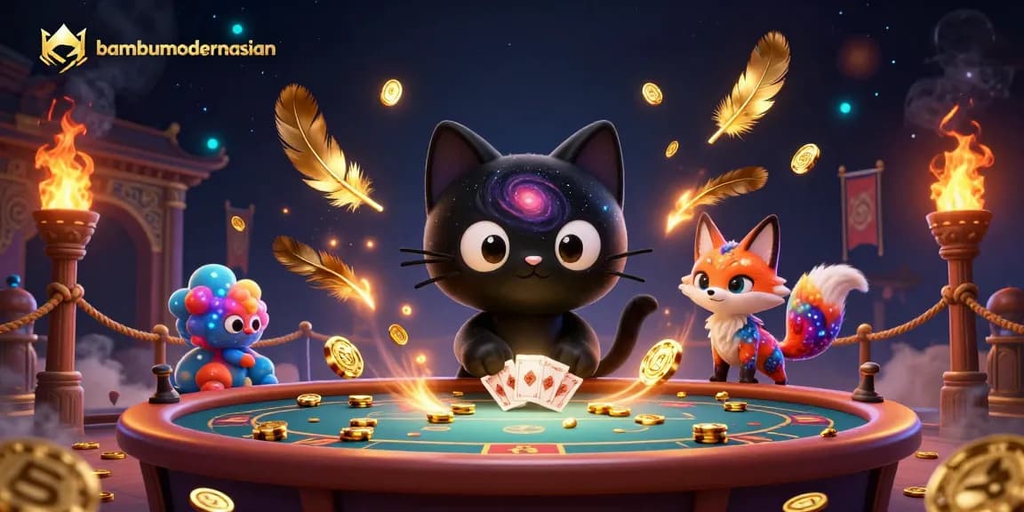 Bambumodernasian cosmic casino scene with a black hole cat pulling in chips amidst vibrant galaxy elements.