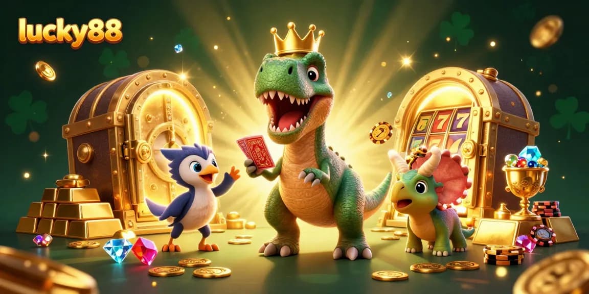 Spin the reels and win big on lucky88 while a T-Rex shuffles cards and gold stacks rise.