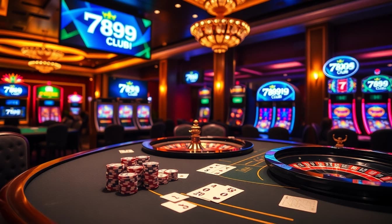 A thrilling gambling scene at 789club featuring poker chips, cards, and a roulette wheel in a luxurious casino setting.