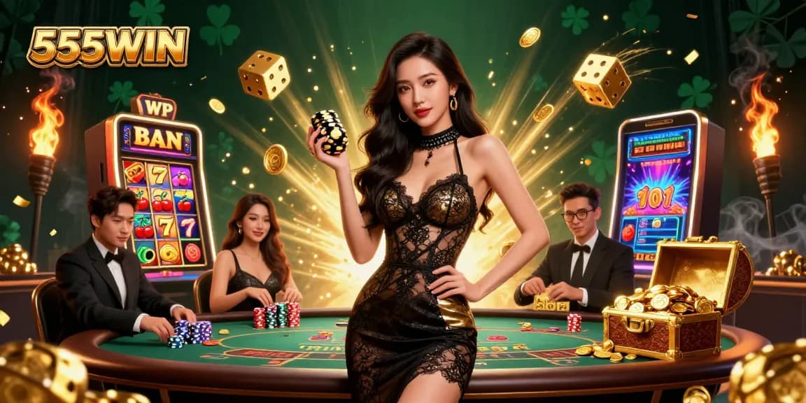 Experience the excitement at 555WIN with a glamorous casino scene featuring a confident player and vibrant jackpot elements.