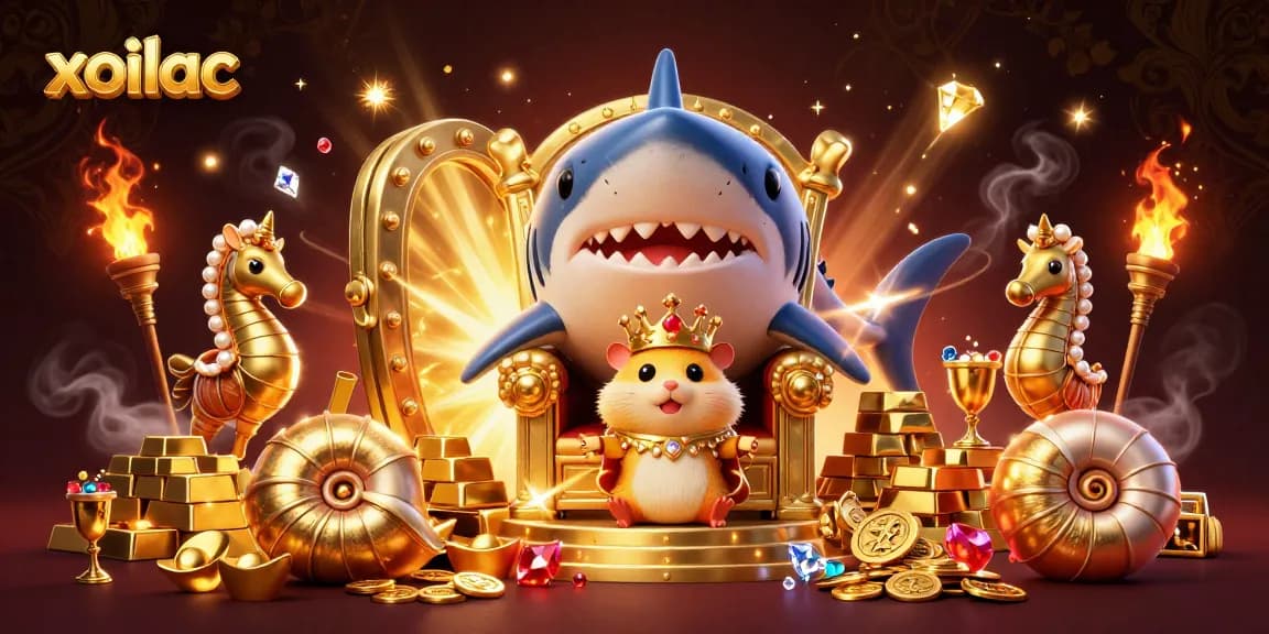 Xoilac casino illustration featuring a golden hamster king with royal guards amidst jewels and treasures