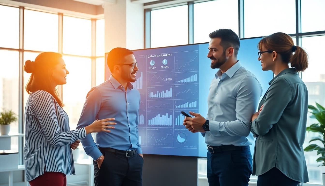Conducting a Content Gap Analysis with a diverse team using digital visuals in a modern office.