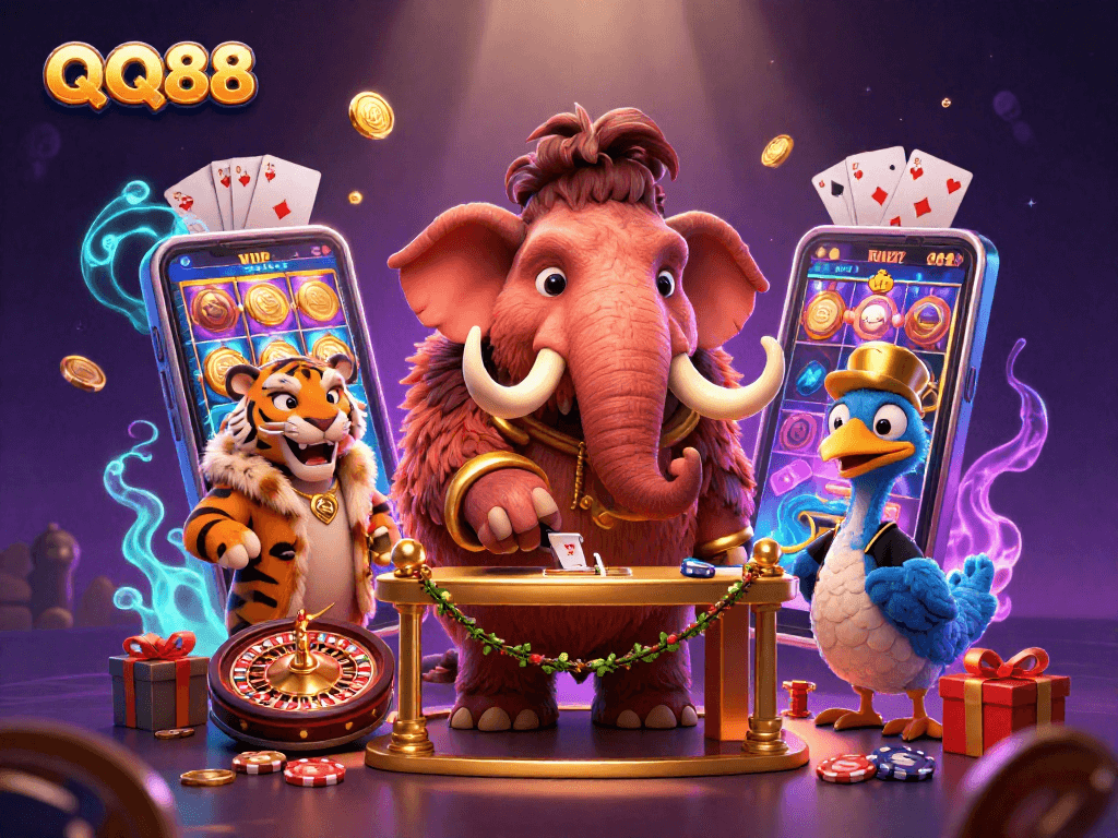 Experience QQ88 with a vibrant 3D scene featuring a dynamic casino atmosphere and exciting gaming elements.